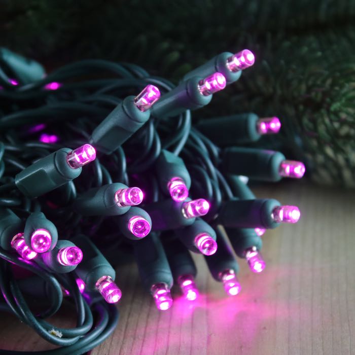 50-light 5mm Purple LED Christmas Lights, 4" Spacing Green Wire