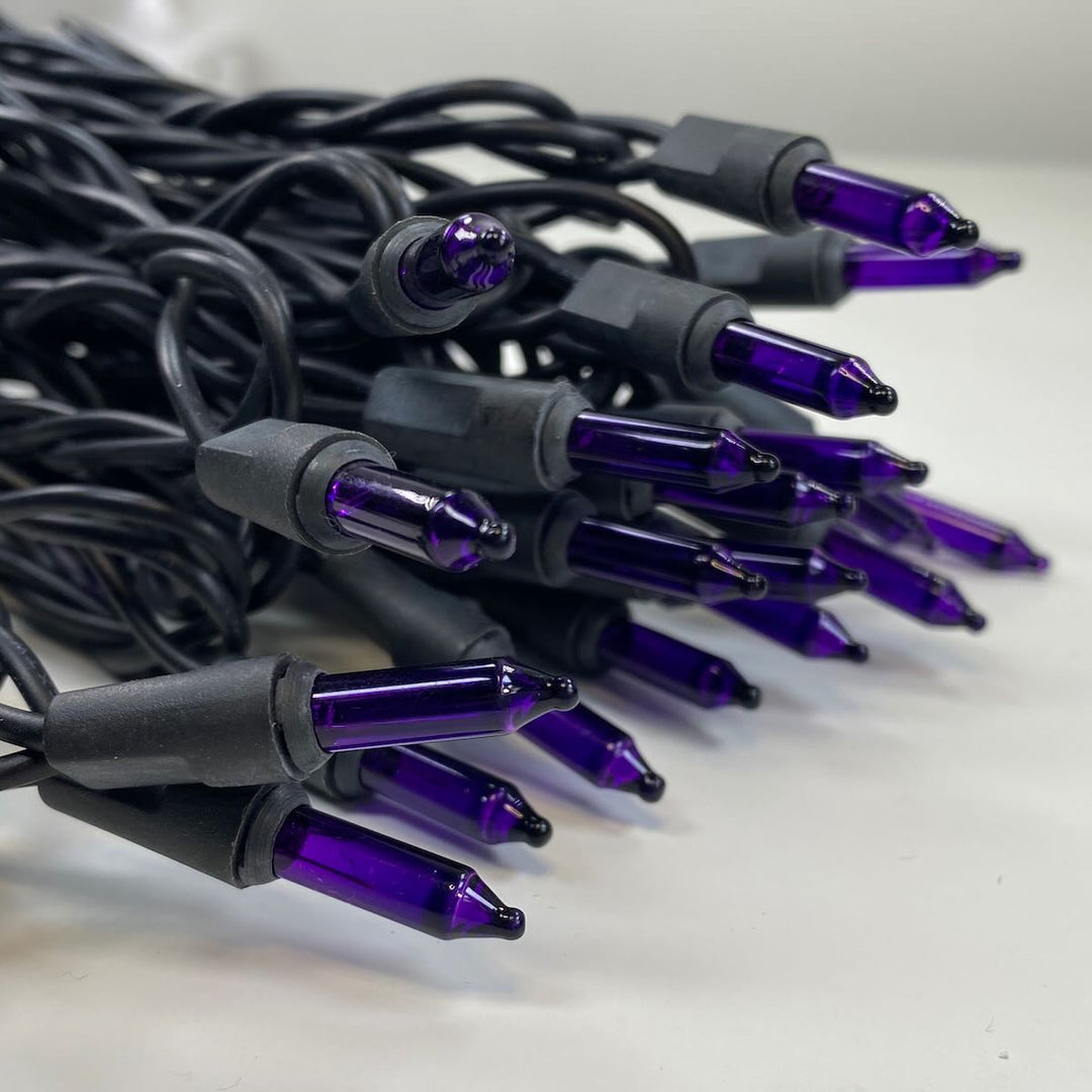 50-bulb Purple Mini Lights, 4" Spacing, Black Wire