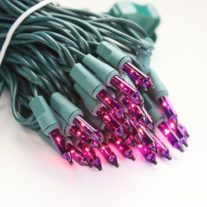 50-bulb Purple Mini Lights, 4" Spacing, Green Wire