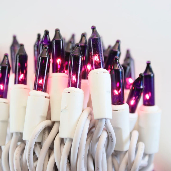 50-bulb Purple Mini Lights, 2.5" Spacing, White Wire