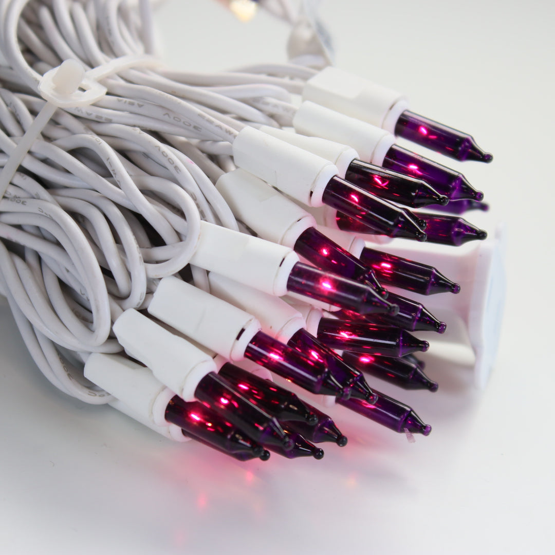 50-bulb Purple Mini Lights, 2.5" Spacing, White Wire