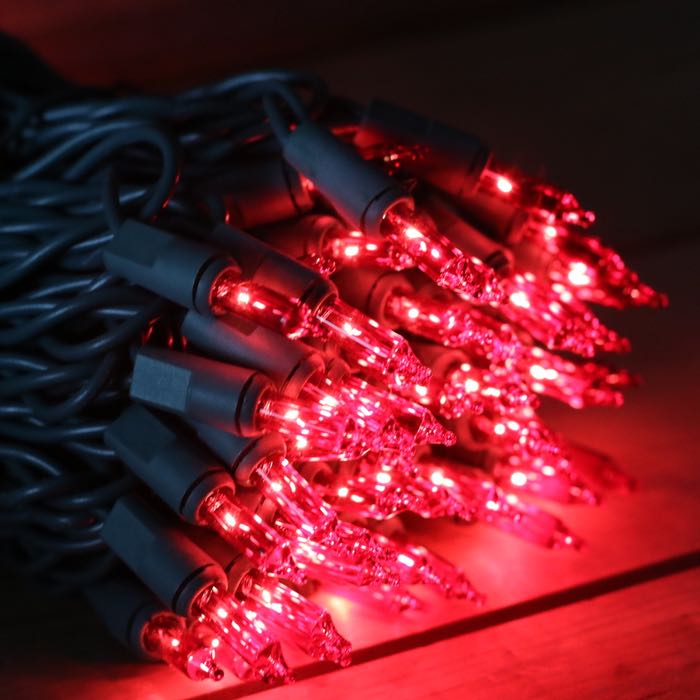 100-bulb Red Mini Lights, 2.5" Spacing, Green Wire