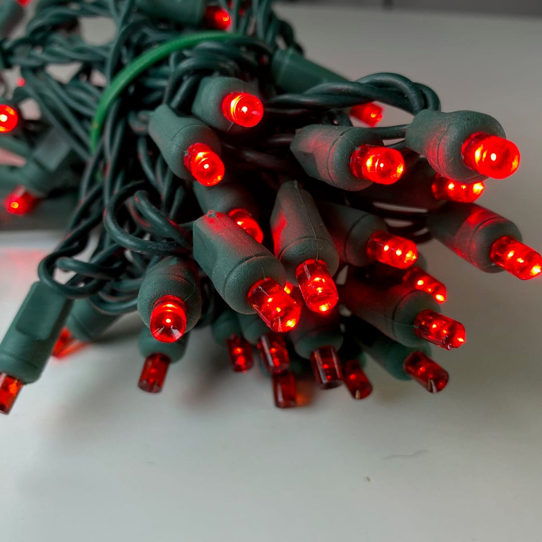 50-light 5mm Red LED Christmas Lights, 4" Spacing Green Wire