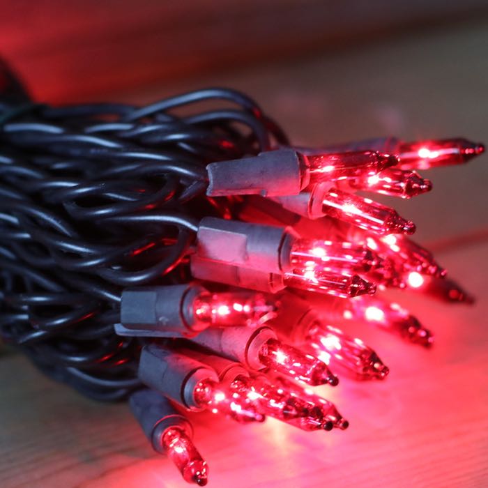 50-bulb Red Mini Lights, 4" Spacing, Black Wire