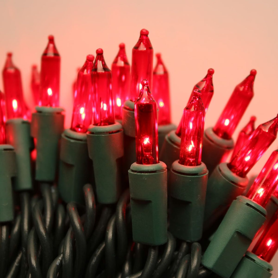 100-bulb Red Mini Lights, 4" Spacing, Green Wire