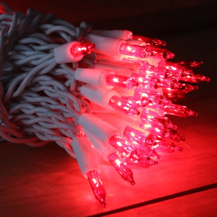50-bulb Red Mini Lights, 2.5" Spacing, White Wire