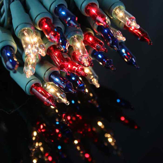 50bulb Red White Blue Mini Lights, 4" Spacing, Green Wire Christmas