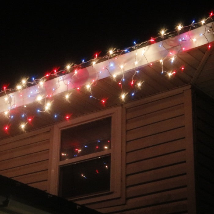 150-bulb Red Clear Blue Icicle Lights, White Wire