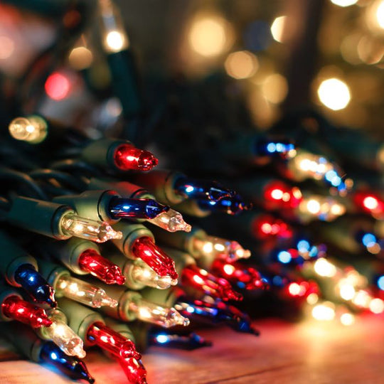 50bulb Red White Blue Mini Lights, 4" Spacing, Green Wire Christmas