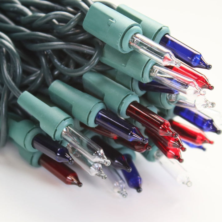 50-bulb Red White Blue Mini Lights, 4" Spacing, Green Wire