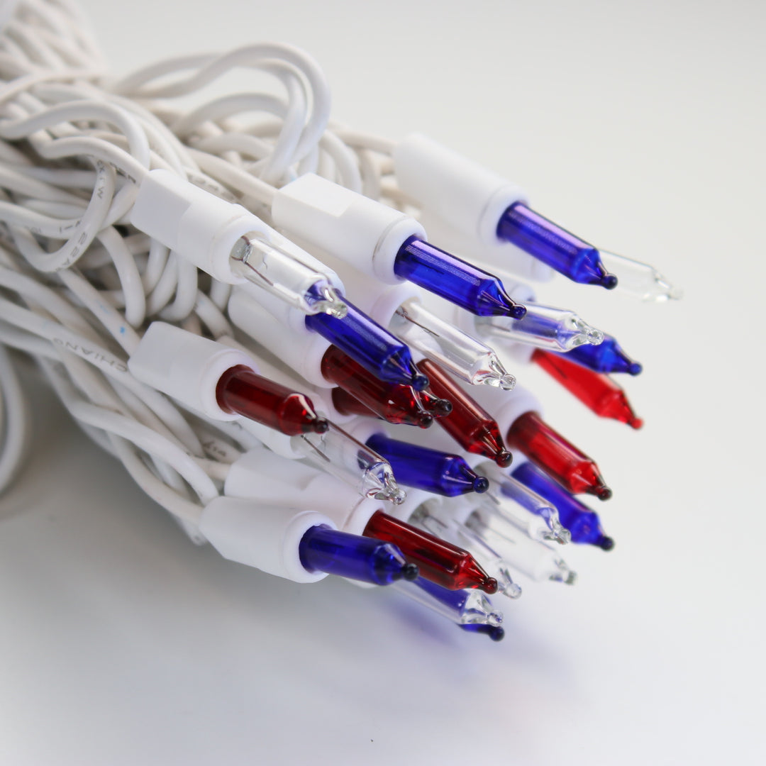 50-bulb Red White Blue Mini Lights, 4" Spacing, White Wire