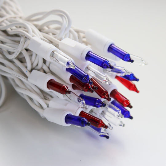 50bulb Red White Blue Mini Lights, 4" Spacing, White Wire Christmas