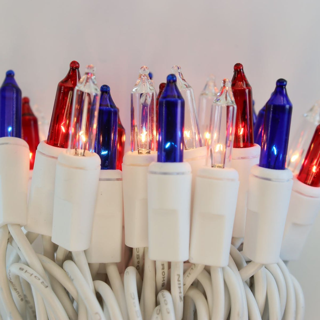 50-bulb Red White Blue Mini Lights, 4" Spacing, White Wire