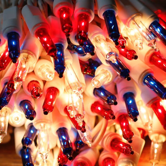 50bulb Red White Blue Mini Lights, 4" Spacing, White Wire Christmas