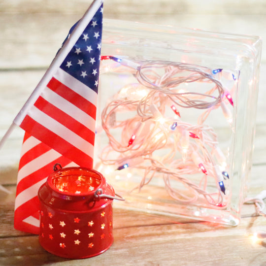 50bulb Red White Blue Mini Lights, 4" Spacing, White Wire Christmas