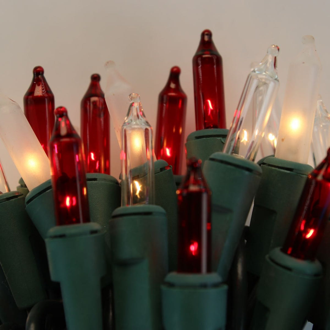 100-bulb Red Clear Frost Mini Lights, 4" Spacing, Green Wire
