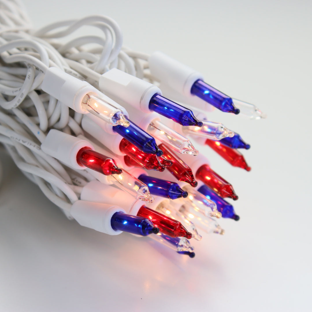 50-bulb Red White Blue Mini Lights, 4" Spacing, White Wire