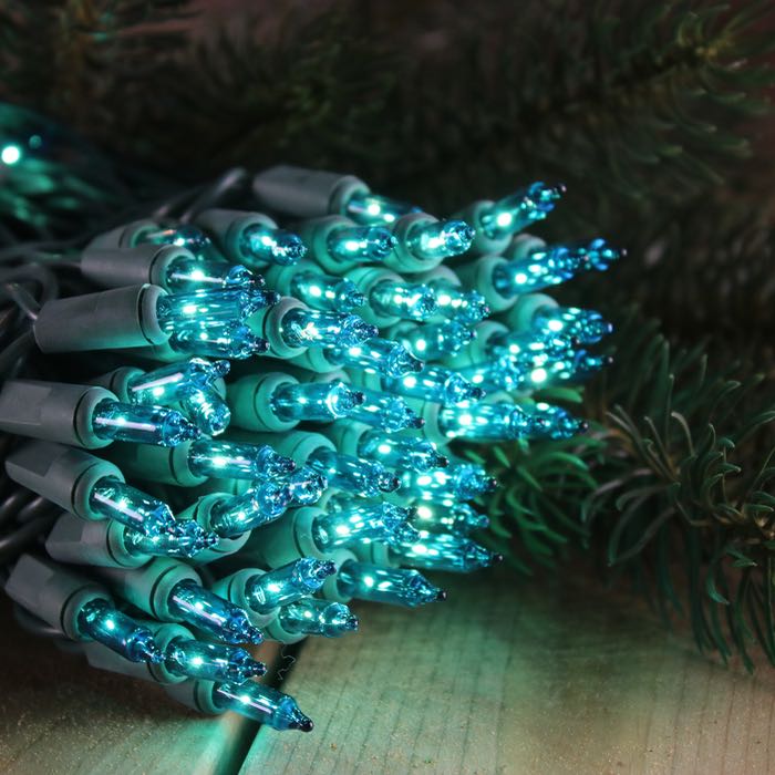 50-bulb Teal Mini Lights, 2.5" Spacing, Green Wire