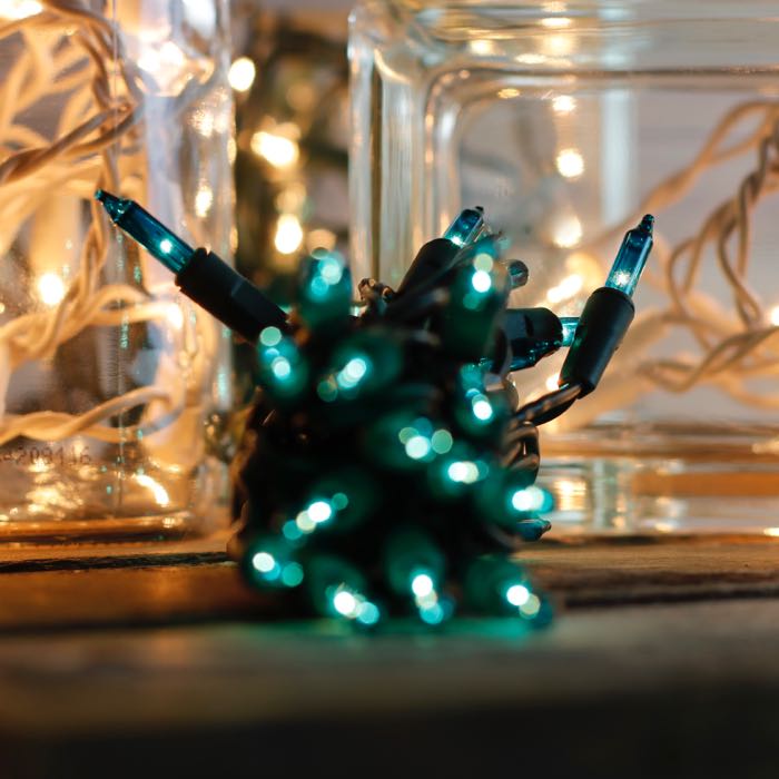 35-bulb Teal Craft Lights, Green Wire