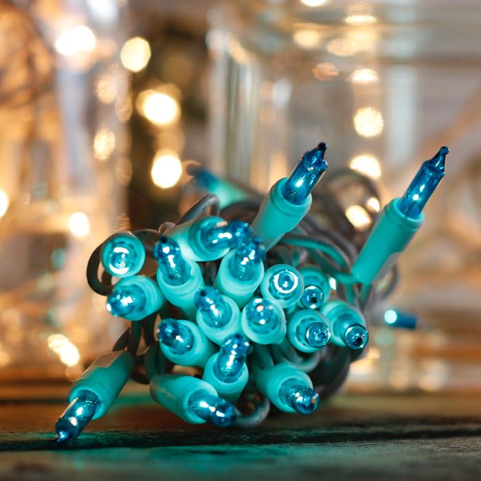 35-bulb Teal Craft Lights, White Wire