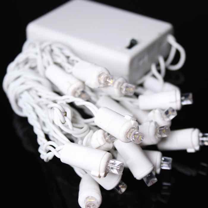 20-light 5mm Pure White LED Battery Lights, White Wire