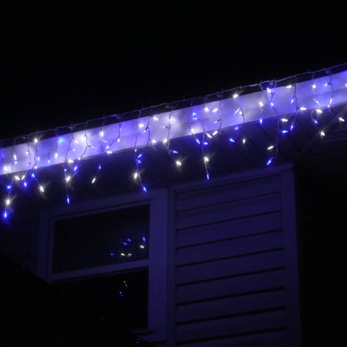 100-light M5 Pure White and Blue LED Icicle Lights, White Wire