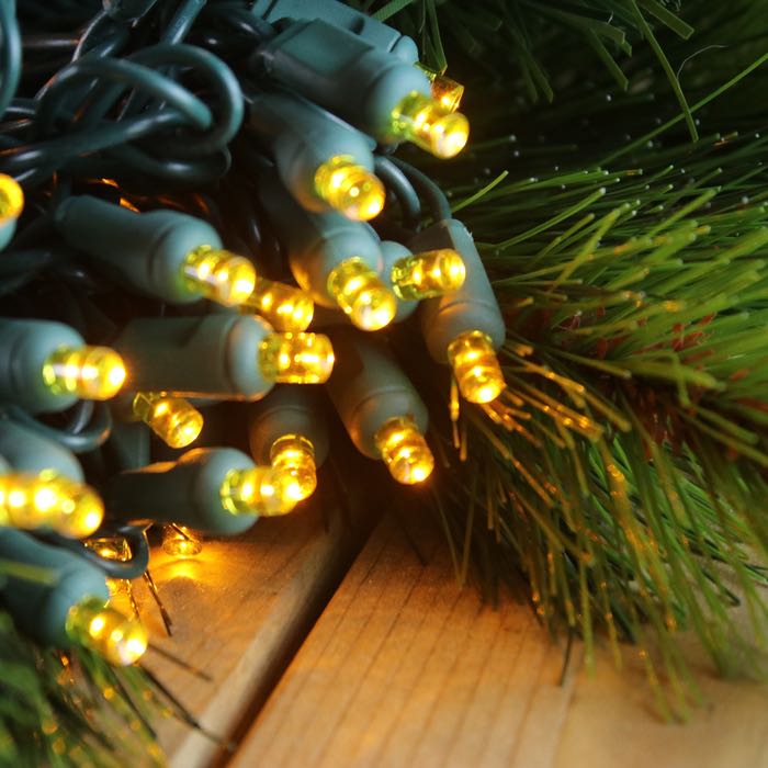 50-light 5mm Yellow LED Christmas Lights, 4" Spacing Green Wire