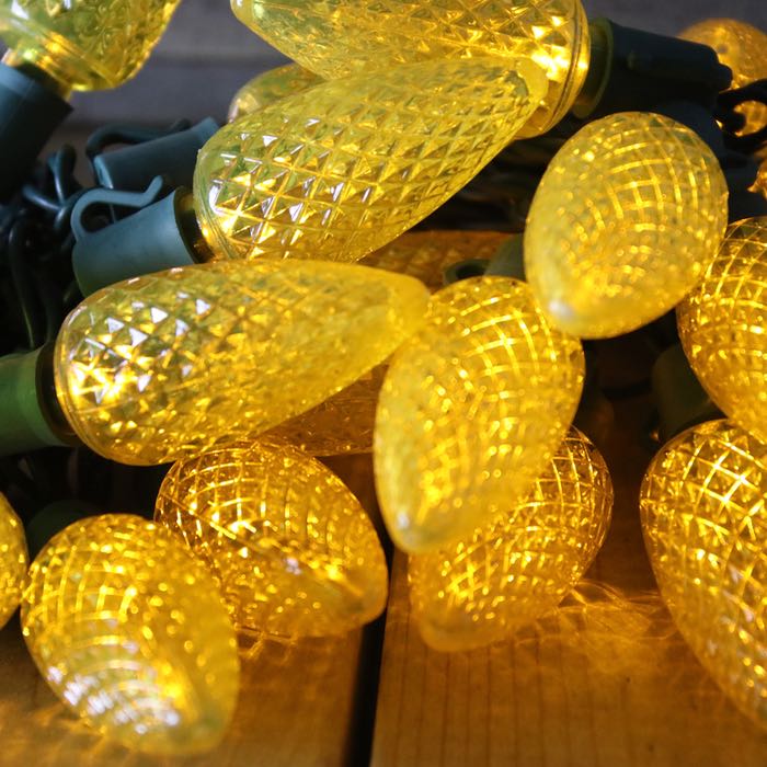 25-light C9 Yellow LED Christmas Lights (Non-removable bulbs), 8" Spacing Green Wire