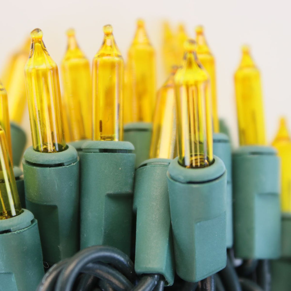 100-bulb Yellow Mini  Lights, 4" Spacing, Green Wire