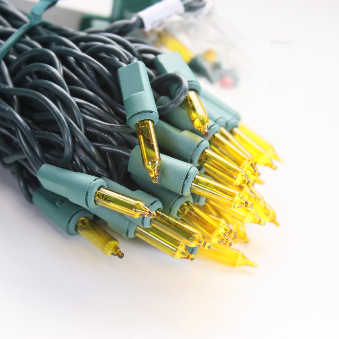 100-bulb Yellow Mini  Lights, 4" Spacing, Green Wire