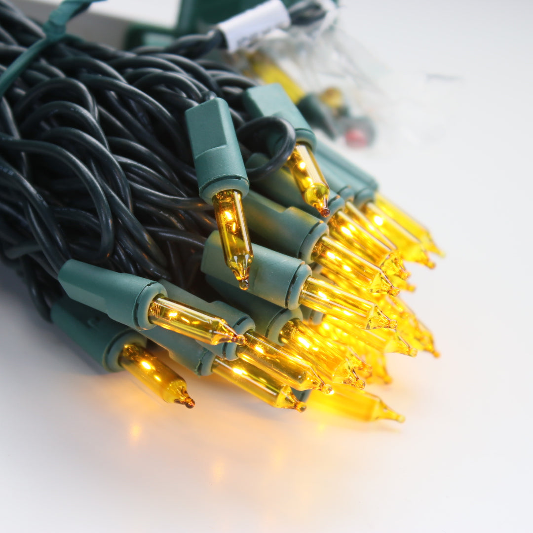 100-bulb Yellow Mini  Lights, 4" Spacing, Green Wire