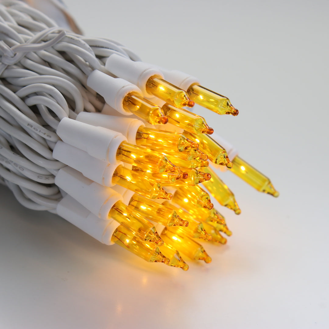 100-bulb Yellow Mini Lights, 2.5" Spacing, White Wire
